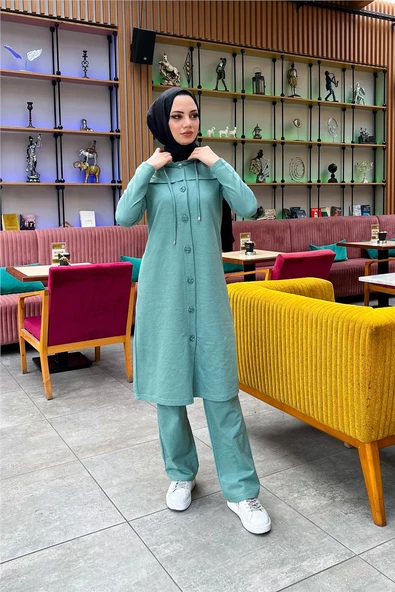 Kapşonlu Düğmeli Sade Basic Uzun Tunik ve Pantolon İkili Spor Takım - 03072.100 - Çağla Yeşili - Resim 2
