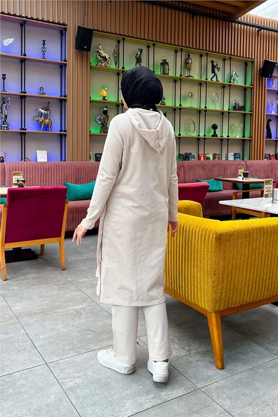 Kapşonlu Yandat Çıtçıtlı Sade Basic Uzun Tunik ve Pantolon İkili Spor Takım - 03071.027 - Ekru - 8