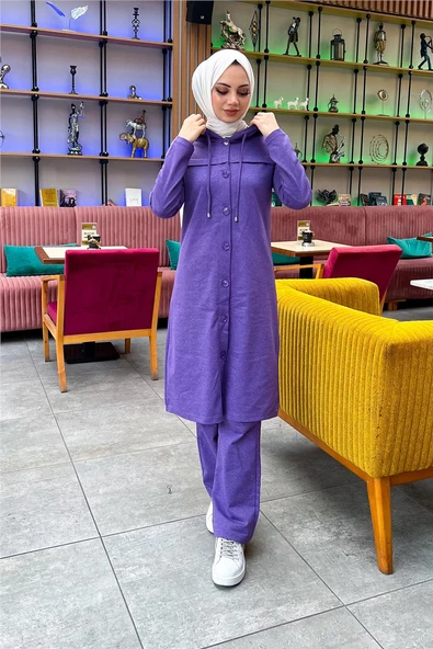 Kapşonlu Düğmeli Sade Basic Uzun Tunik ve Pantolon İkili Spor Takım - 03072.207 - Koyu Lila - 2