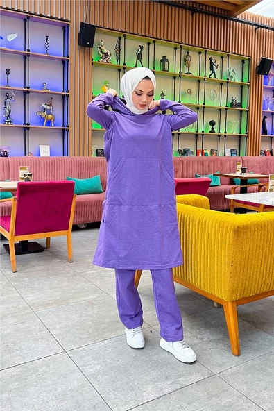 Kapşonlu Yandat Çıtçıtlı Sade Basic Uzun Tunik ve Pantolon İkili Spor Takım - 03071.207 - Koyu Lila - 6