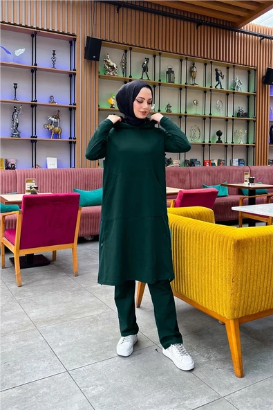 Kapşonlu Yandat Çıtçıtlı Sade Basic Uzun Tunik ve Pantolon İkili Spor Takım - 03071.021 - Nefti - 10