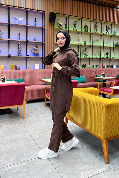 Kapşonlu Fermuarlı Belden Bağlamalı Sade Basic İkili Spor Takımı - 03070.028 - Kahverengi - 11