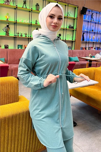 Kapşonlu Fermuarlı Belden Bağlamalı Sade Basic İkili Spor Takımı - 03070.100 - Çağla Yeşili - 5
