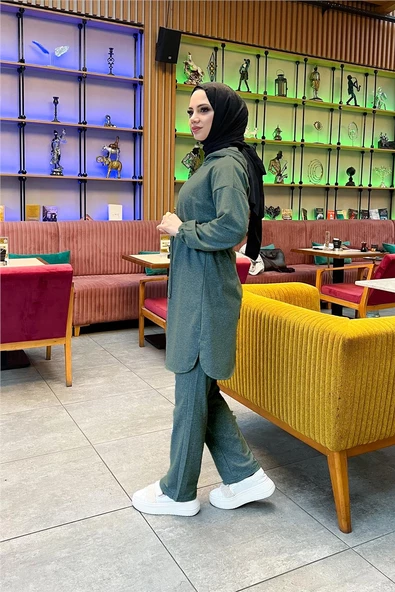 Kapşonlu Fermuarlı Belden Bağlamalı Sade Basic İkili Spor Takımı - 03070.005 - Haki - 7