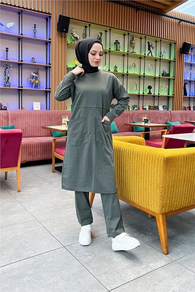 Önden İki Cepli Sade Basic Uzun Tunik Pantolon İkili Spor Takımı - 03067.005 - Haki - Resim 2