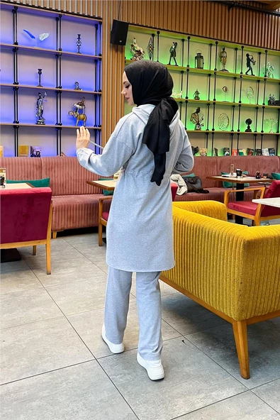 Kapşonlu Fermuarlı Belden Bağlamalı Sade Basic İkili Spor Takımı - 03070.008 - Gri - 6
