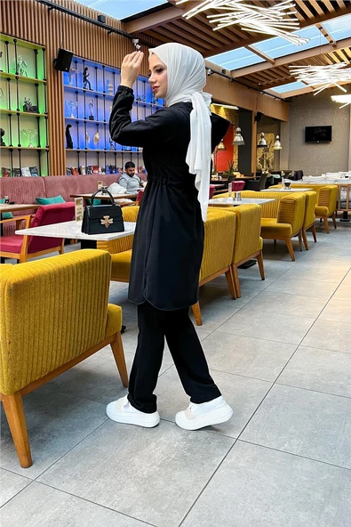 Kapşonlu Fermuarlı Belden Bağlamalı Sade Basic İkili Spor Takımı - 03070.003 - Siyah - Resim 9