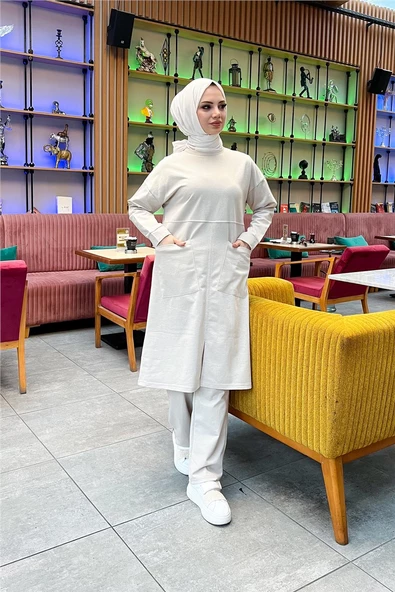 Önden İki Cepli Sade Basic Uzun Tunik Pantolon İkili Spor Takımı - 03067.027 - Ekru - Resim 9