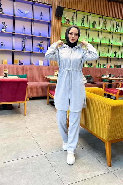 Kapşonlu Fermuarlı Belden Bağlamalı Sade Basic İkili Spor Takımı - 03070.008 - Gri