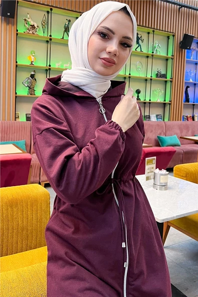 Kapşonlu Fermuarlı Belden Bağlamalı Sade Basic İkili Spor Takımı - 03070.020 - Mürdüm - 6