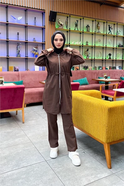 Kapşonlu Fermuarlı Belden Bağlamalı Sade Basic İkili Spor Takımı - 03070.028 - Kahverengi - 6