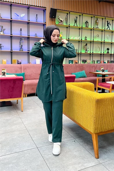 Kapşonlu Fermuarlı Belden Bağlamalı Sade Basic İkili Spor Takımı - 03070.021 - Nefti - Resim 3