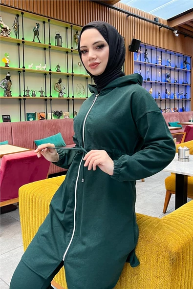 Kapşonlu Fermuarlı Belden Bağlamalı Sade Basic İkili Spor Takımı - 03070.021 - Nefti - Resim 8