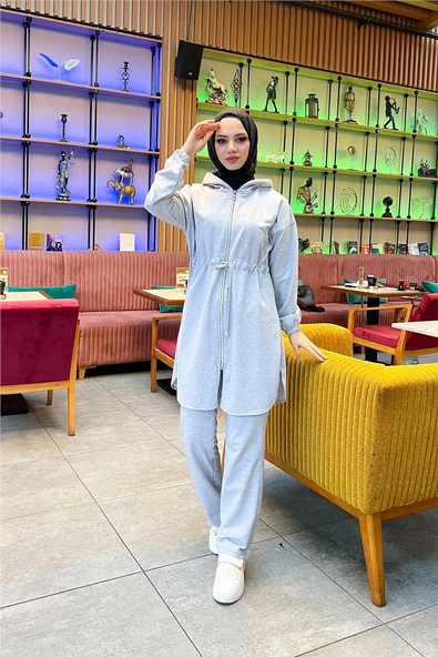 Kapşonlu Fermuarlı Belden Bağlamalı Sade Basic İkili Spor Takımı - 03070.008 - Gri - 2