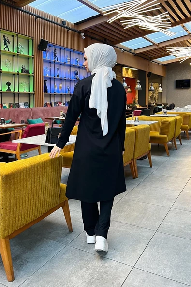 Kapşonlu Fermuarlı Belden Bağlamalı Sade Basic İkili Spor Takımı - 03070.003 - Siyah - Resim 2