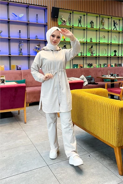Kapşonlu Fermuarlı Belden Bağlamalı Sade Basic İkili Spor Takımı - 03070.027 - Ekru - Resim 6