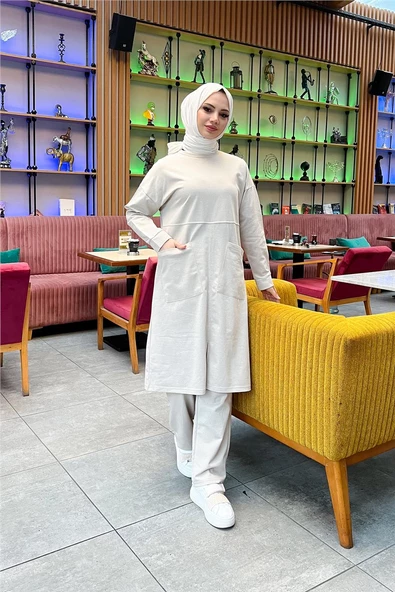 Önden İki Cepli Sade Basic Uzun Tunik Pantolon İkili Spor Takımı - 03067.027 - Ekru - Resim 10