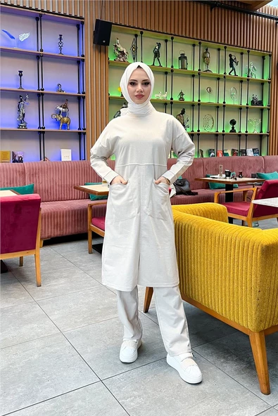 Önden İki Cepli Sade Basic Uzun Tunik Pantolon İkili Spor Takımı - 03067.027 - Ekru ürün görseli