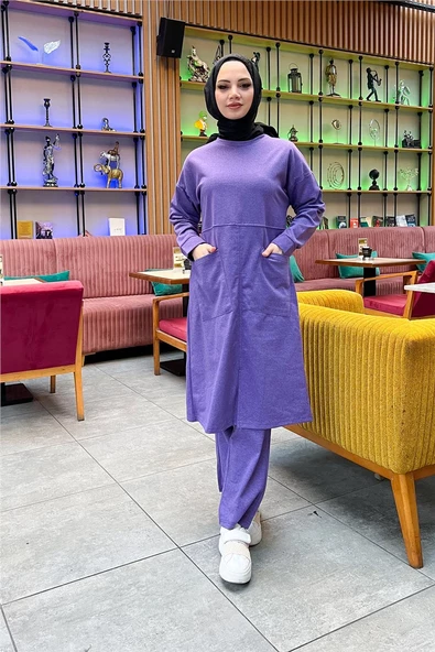 Önden İki Cepli Sade Basic Uzun Tunik Pantolon İkili Spor Takımı - 03067.207 - Koyu Lila