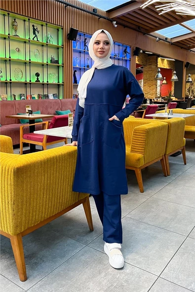 Önden İki Cepli Sade Basic Uzun Tunik Pantolon İkili Spor Takımı - 03067.202 - Açık Lacivert - 6