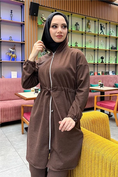 Kapşonlu Fermuarlı Belden Bağlamalı Sade Basic İkili Spor Takımı - 03070.028 - Kahverengi - 10