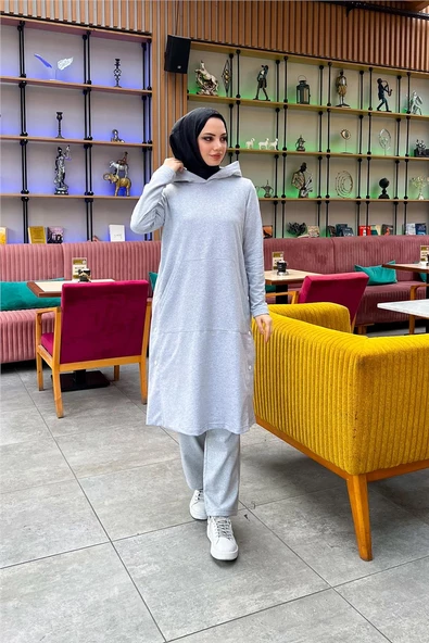Kapşonlu Yandat Çıtçıtlı Sade Basic Uzun Tunik ve Pantolon İkili Spor Takım - 03071.008 - Gri - 3