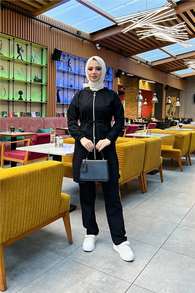 Kapşonlu Fermuarlı Belden Bağlamalı Sade Basic İkili Spor Takımı - 03070.003 - Siyah - Resim 7
