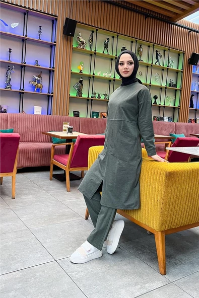 Önden İki Cepli Sade Basic Uzun Tunik Pantolon İkili Spor Takımı - 03067.005 - Haki - Resim 5