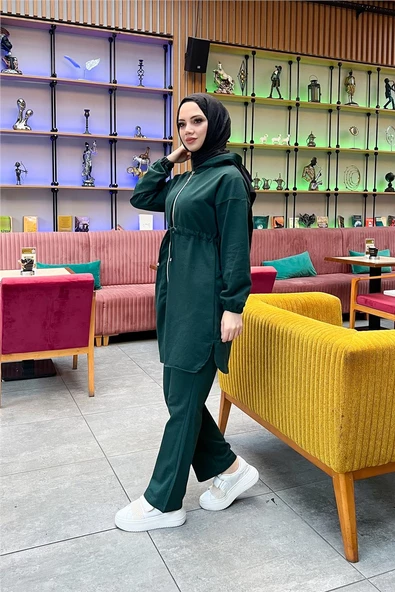 Kapşonlu Fermuarlı Belden Bağlamalı Sade Basic İkili Spor Takımı - 03070.021 - Nefti - Resim 5