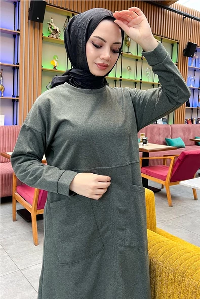 Önden İki Cepli Sade Basic Uzun Tunik Pantolon İkili Spor Takımı - 03067.005 - Haki - Resim 6