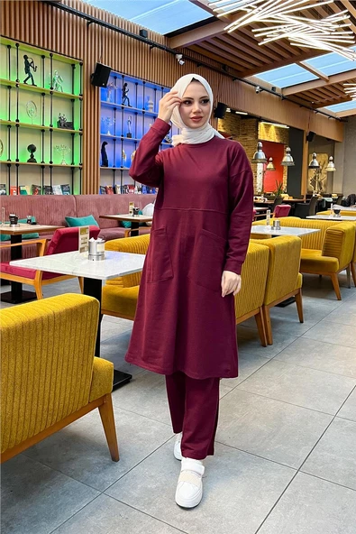 Önden İki Cepli Sade Basic Uzun Tunik Pantolon İkili Spor Takımı - 03067.009 - Bordo - Resim 2