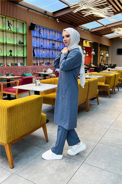 Önden İki Cepli Sade Basic Uzun Tunik Pantolon İkili Spor Takımı - 03067.006 - İndigo - Resim 4