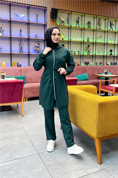 Kapşonlu Fermuarlı Belden Bağlamalı Sade Basic İkili Spor Takımı - 03070.021 - Nefti - Resim 2