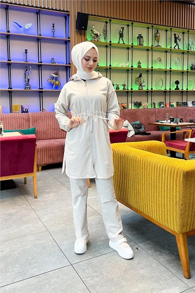 Kapşonlu Fermuarlı Belden Bağlamalı Sade Basic İkili Spor Takımı - 03070.027 - Ekru - Resim 5