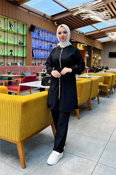 Kapşonlu Fermuarlı Belden Bağlamalı Sade Basic İkili Spor Takımı - 03070.003 - Siyah ürün görseli