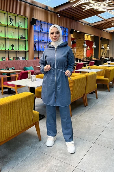 Kapşonlu Fermuarlı Belden Bağlamalı Sade Basic İkili Spor Takımı - 03070.006 - İndigo