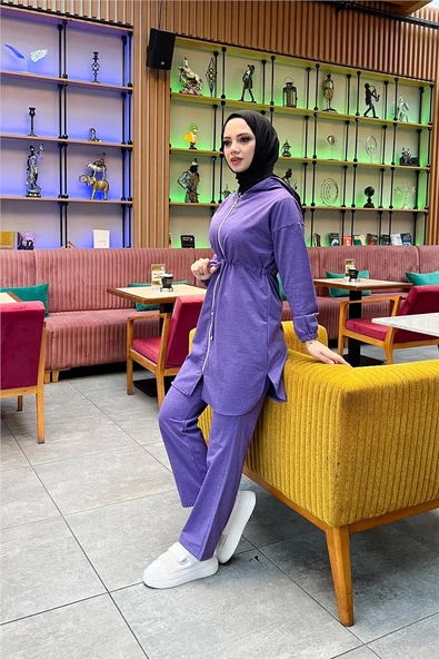 Kapşonlu Fermuarlı Belden Bağlamalı Sade Basic İkili Spor Takımı - 03070.207 - Koyu Lila - Resim 8