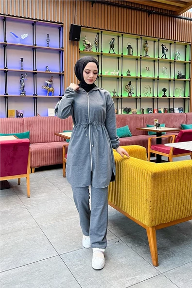 Kapşonlu Fermuarlı Belden Bağlamalı Sade Basic İkili Spor Takımı - 03070.017 - Antrasit - 4