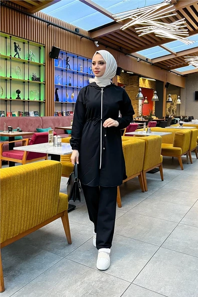 Kapşonlu Fermuarlı Belden Bağlamalı Sade Basic İkili Spor Takımı - 03070.003 - Siyah - Resim 5