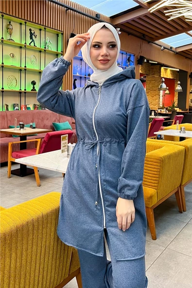 Kapşonlu Fermuarlı Belden Bağlamalı Sade Basic İkili Spor Takımı - 03070.006 - İndigo - 9
