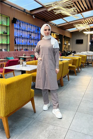 Önden İki Cepli Sade Basic Uzun Tunik Pantolon İkili Spor Takımı - 03067.016 - Vizon - Resim 5