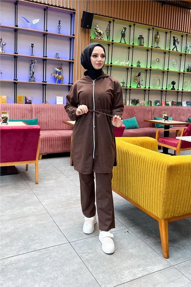 Kapşonlu Fermuarlı Belden Bağlamalı Sade Basic İkili Spor Takımı - 03070.028 - Kahverengi - 2
