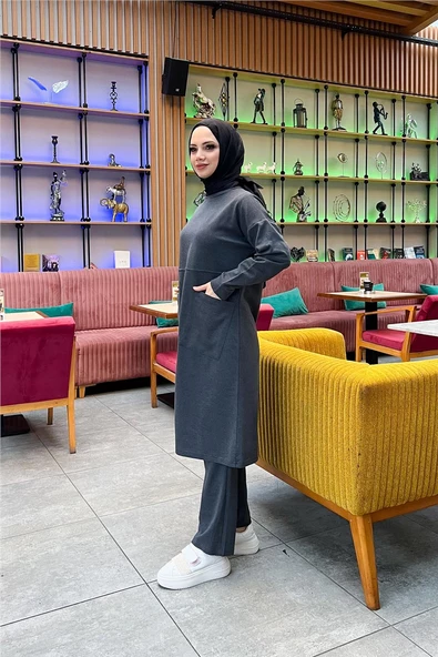 Önden İki Cepli Sade Basic Uzun Tunik Pantolon İkili Spor Takımı - 03067.017 - Antrasit - 3
