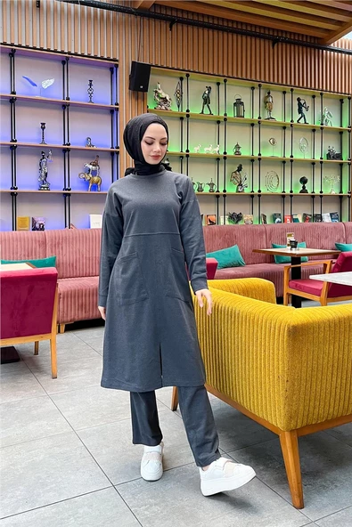 Önden İki Cepli Sade Basic Uzun Tunik Pantolon İkili Spor Takımı - 03067.017 - Antrasit - 7