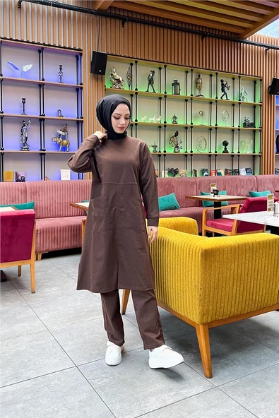 Önden İki Cepli Sade Basic Uzun Tunik Pantolon İkili Spor Takımı - 03067.028 - Kahverengi - 5
