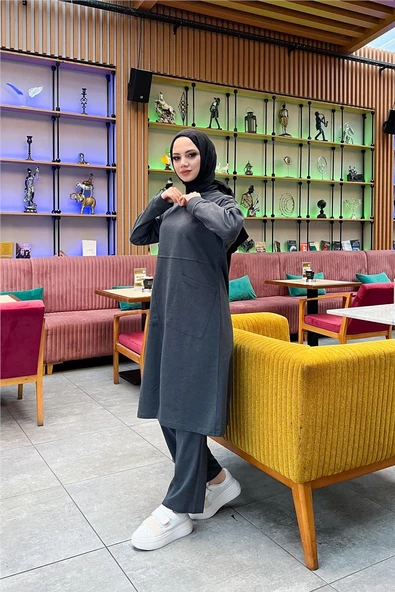 Önden İki Cepli Sade Basic Uzun Tunik Pantolon İkili Spor Takımı - 03067.017 - Antrasit - 6