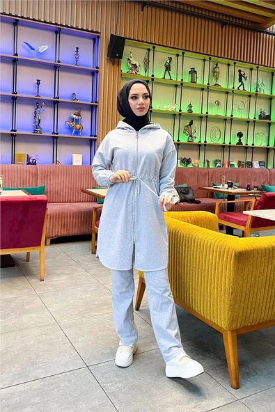 Kapşonlu Fermuarlı Belden Bağlamalı Sade Basic İkili Spor Takımı - 03070.008 - Gri - 4