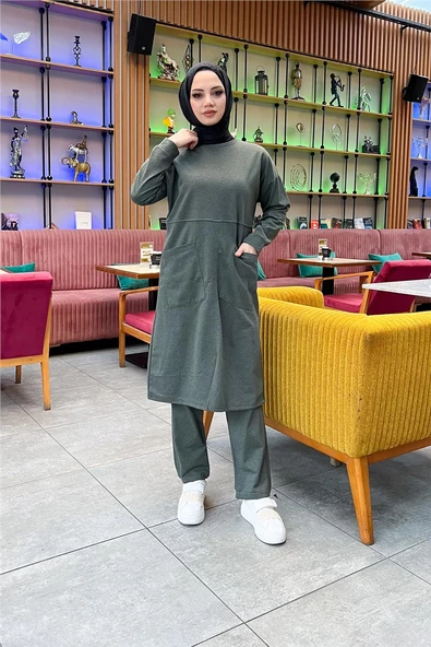 Önden İki Cepli Sade Basic Uzun Tunik Pantolon İkili Spor Takımı - 03067.005 - Haki ürün görseli