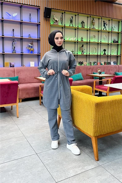 Kapşonlu Fermuarlı Belden Bağlamalı Sade Basic İkili Spor Takımı - 03070.017 - Antrasit - 2