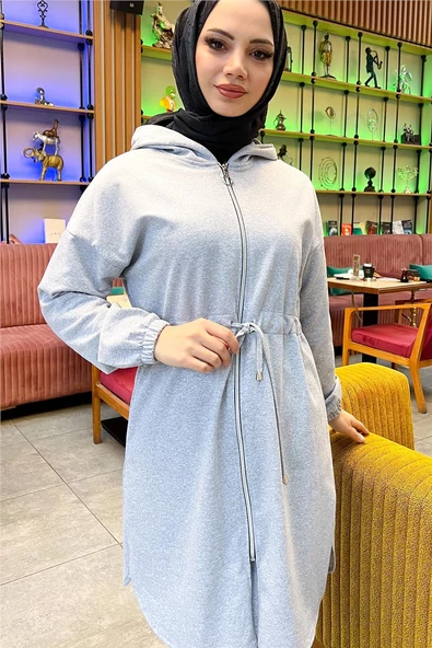 Kapşonlu Fermuarlı Belden Bağlamalı Sade Basic İkili Spor Takımı - 03070.008 - Gri - 9